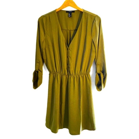 Forever 21 Green Roll Tab Sleeve Shirt Dress Tunic, Size Medium - Picture 1 of 13